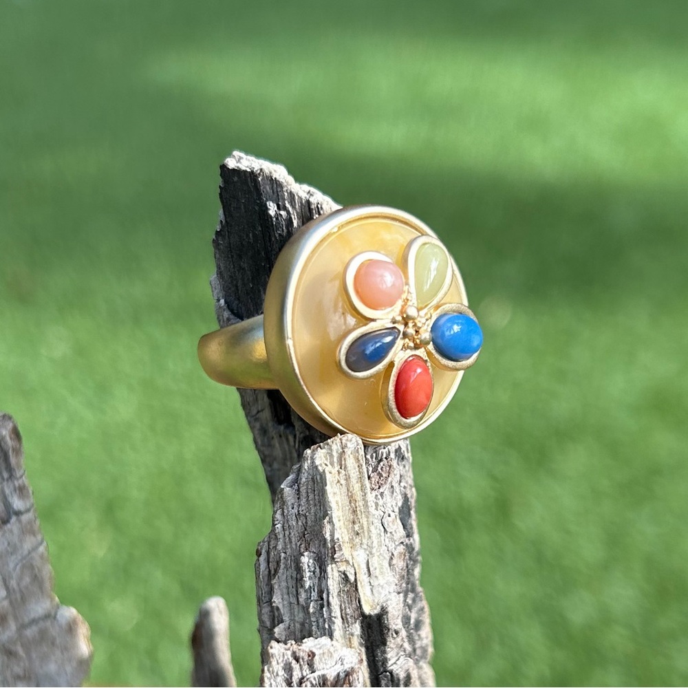 Boho Chic Statement Ring, Brushed Gold Tone With … - image 1